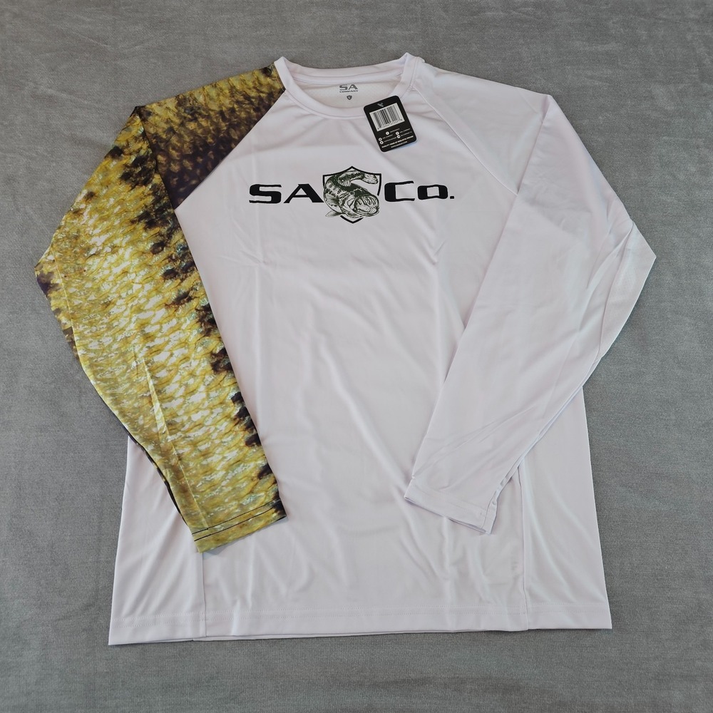 SA Company Shirt Mens Mesh White Bass Long Sleeve Fishing Fish Arm Large UPF50